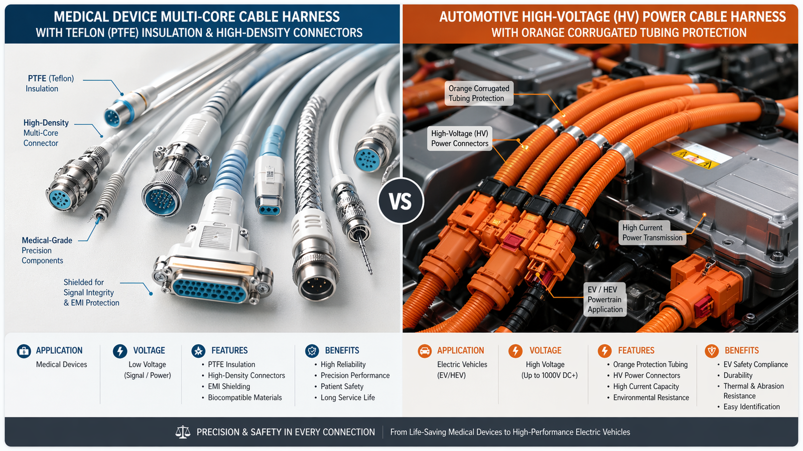 custom wire harness assemblies for medical devices and automotive high voltage ev applications, manufactured to ipcwhma a 620 standards.