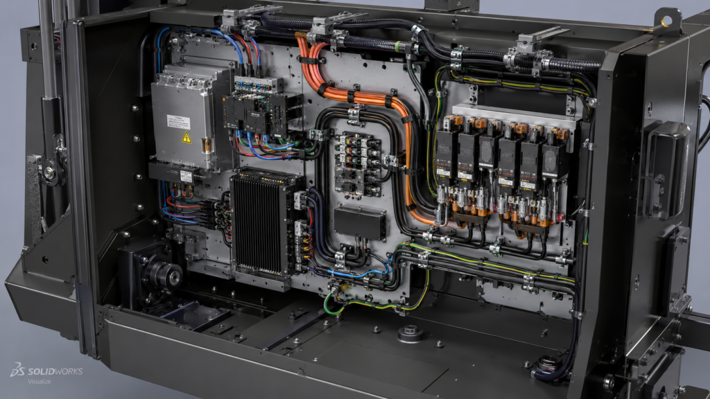 3D CAD model of an industrial wire harness assembly routed through a mechanical enclosure with optimized cable management and connector integration.