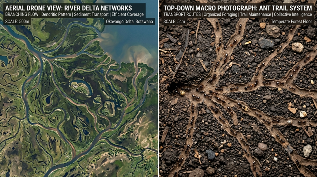 natural river delta aerial patterns and ant colony trail networks demonstrating flow optimization and efficient path formation in nature