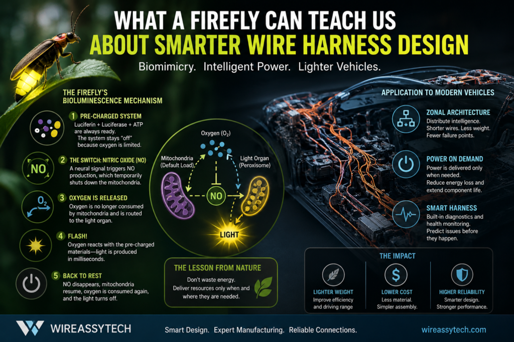 Firefly bioluminescence mechanism compared with smart wire harness design, zonal architecture, intelligent power distribution, and lightweight vehicle wiring systems.