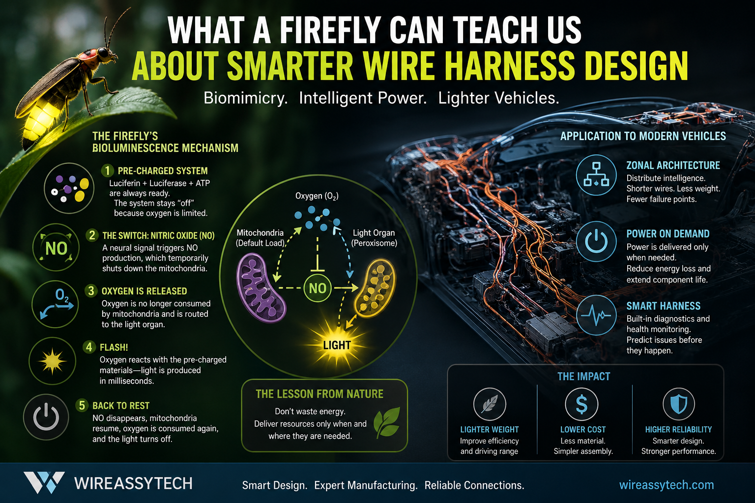 Firefly bioluminescence mechanism compared with smart wire harness design, zonal architecture, intelligent power distribution, and lightweight vehicle wiring systems.